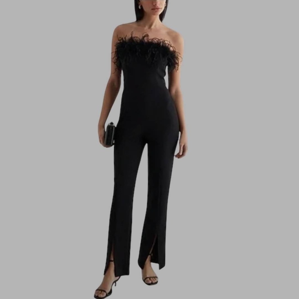 Bebe‎ Feather Trim Strapless Jumpsuit Sz M Black Split Hem Pant Chic Party